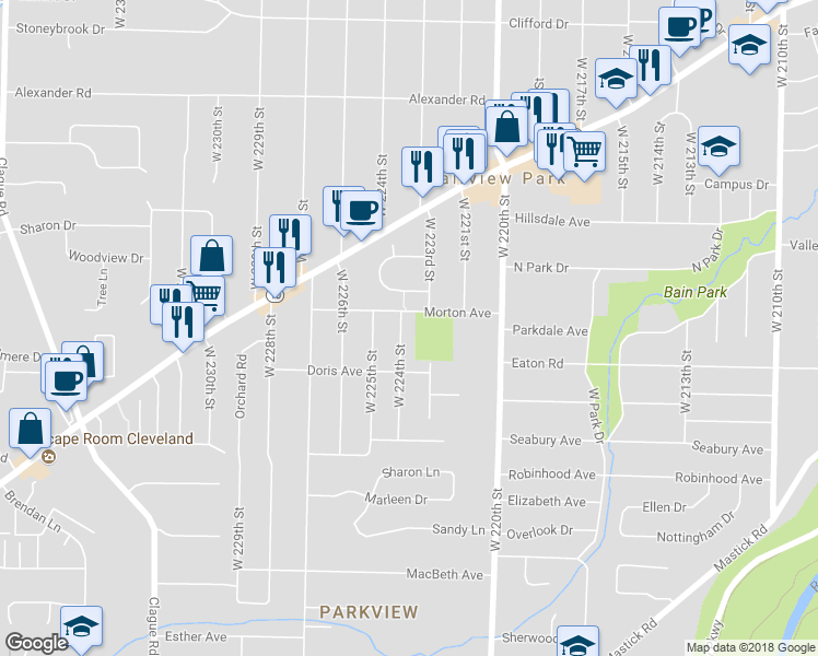 map of restaurants, bars, coffee shops, grocery stores, and more near 4471 West 224th Street in Cleveland