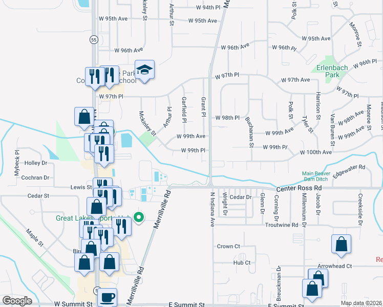 map of restaurants, bars, coffee shops, grocery stores, and more near 1858 West 99th Place in Crown Point