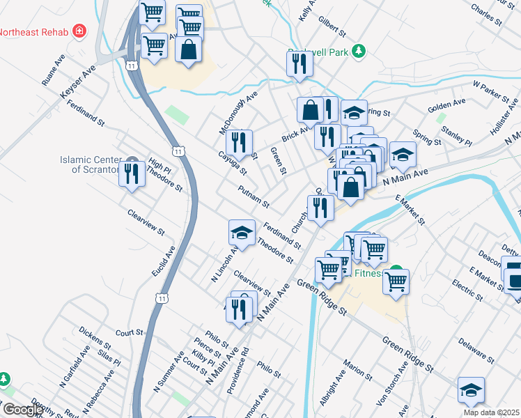 map of restaurants, bars, coffee shops, grocery stores, and more near 1698 Wayne Avenue in Scranton