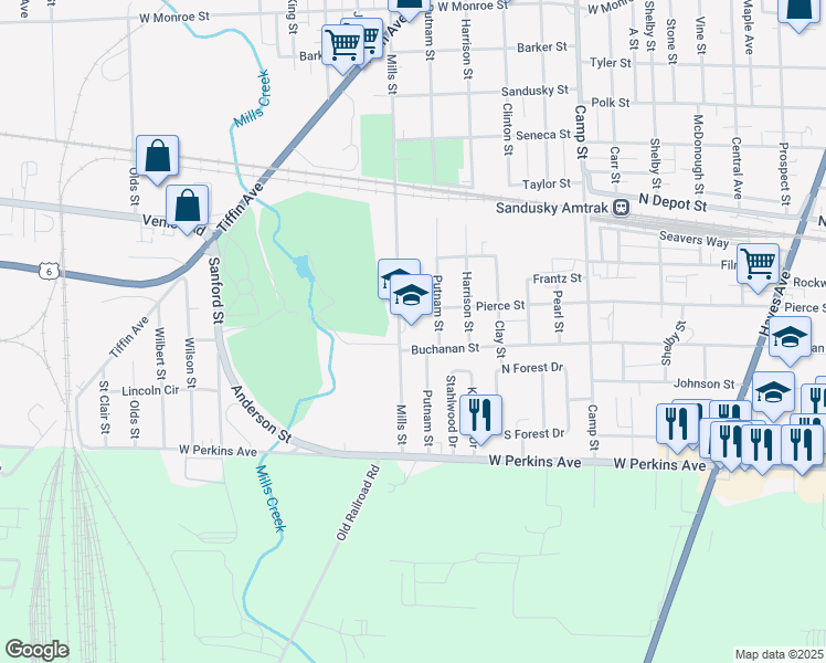 map of restaurants, bars, coffee shops, grocery stores, and more near 1918 Mills Street in Sandusky