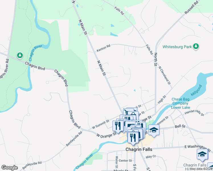 map of restaurants, bars, coffee shops, grocery stores, and more near 327 North Main Street in Chagrin Falls