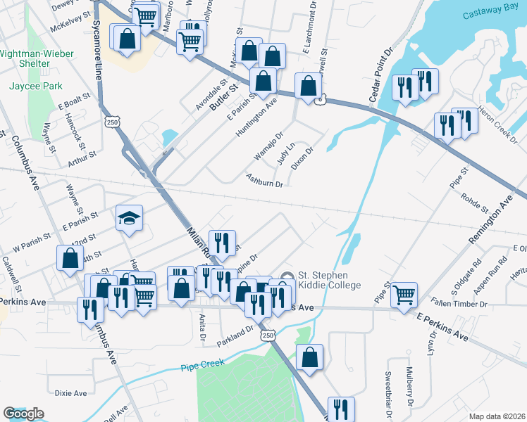 map of restaurants, bars, coffee shops, grocery stores, and more near 1229 Chalet Drive in Sandusky