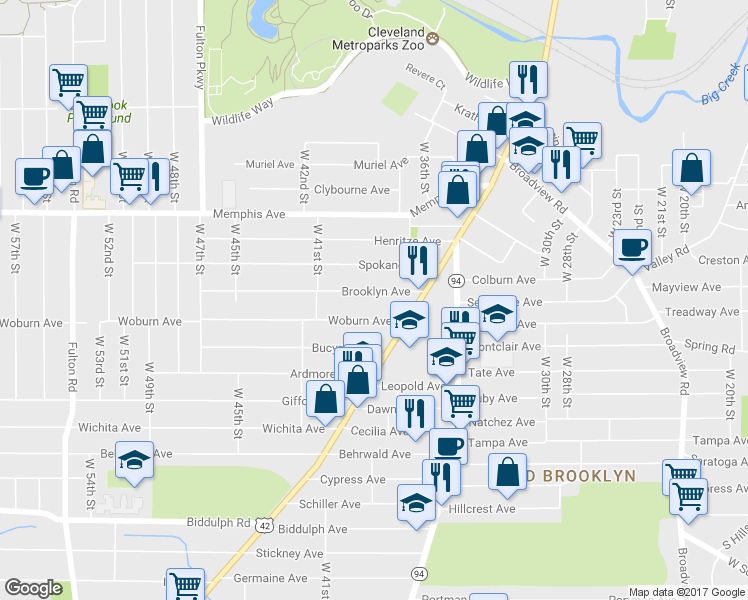 map of restaurants, bars, coffee shops, grocery stores, and more near 3813 Brooklyn Avenue in Cleveland