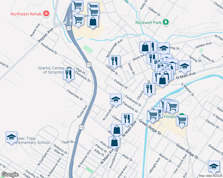 map of restaurants, bars, coffee shops, grocery stores, and more near 317 Putnam Street in Scranton