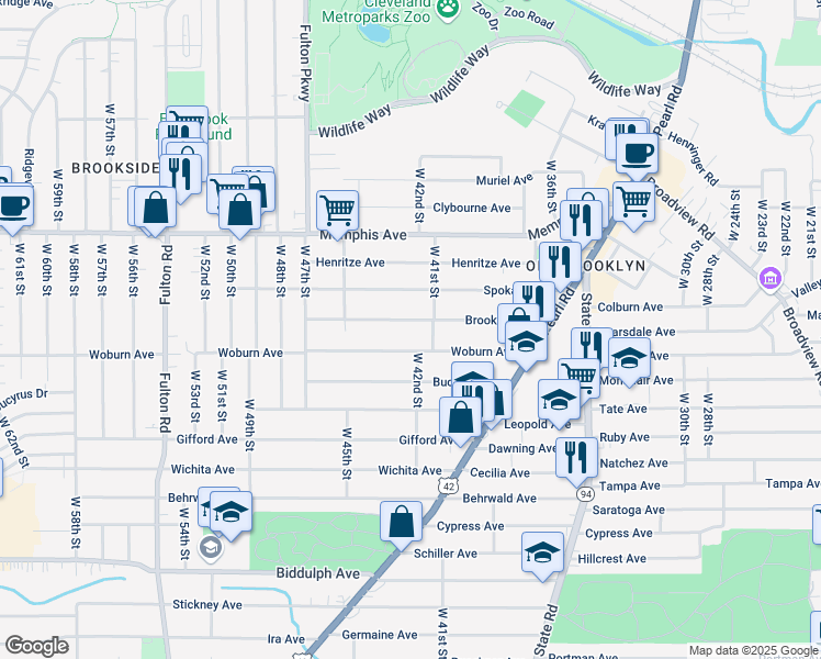 map of restaurants, bars, coffee shops, grocery stores, and more near 4206 Brooklyn Avenue in Cleveland