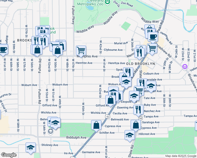 map of restaurants, bars, coffee shops, grocery stores, and more near 4206 Brooklyn Avenue in Cleveland