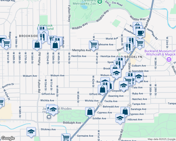 map of restaurants, bars, coffee shops, grocery stores, and more near 4206 Brooklyn Avenue in Cleveland