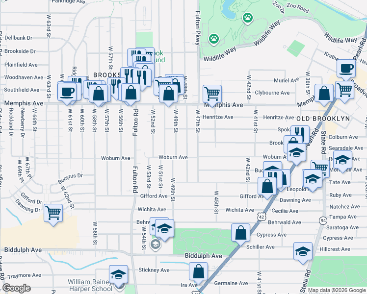 map of restaurants, bars, coffee shops, grocery stores, and more near 4369 West 48th Street in Cleveland
