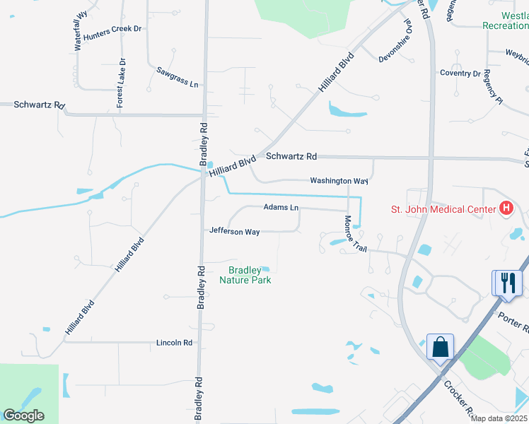 map of restaurants, bars, coffee shops, grocery stores, and more near 30244 Adams Lane in Westlake