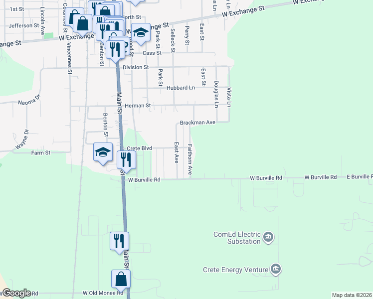 map of restaurants, bars, coffee shops, grocery stores, and more near 1562 Faithorn Avenue in Crete