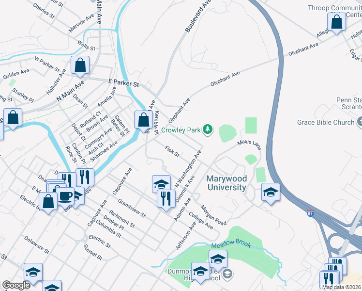 map of restaurants, bars, coffee shops, grocery stores, and more near 1014 Fairfield St in Scranton