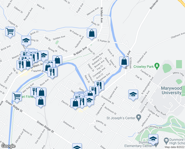 map of restaurants, bars, coffee shops, grocery stores, and more near 522 Depot Street in Scranton