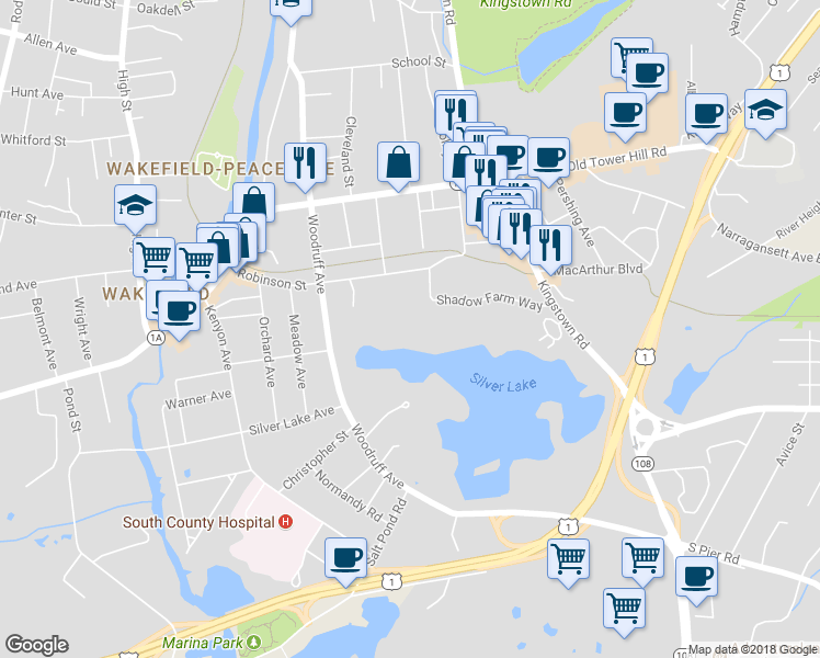 map of restaurants, bars, coffee shops, grocery stores, and more near 45 Shadow Farm Way in South Kingstown
