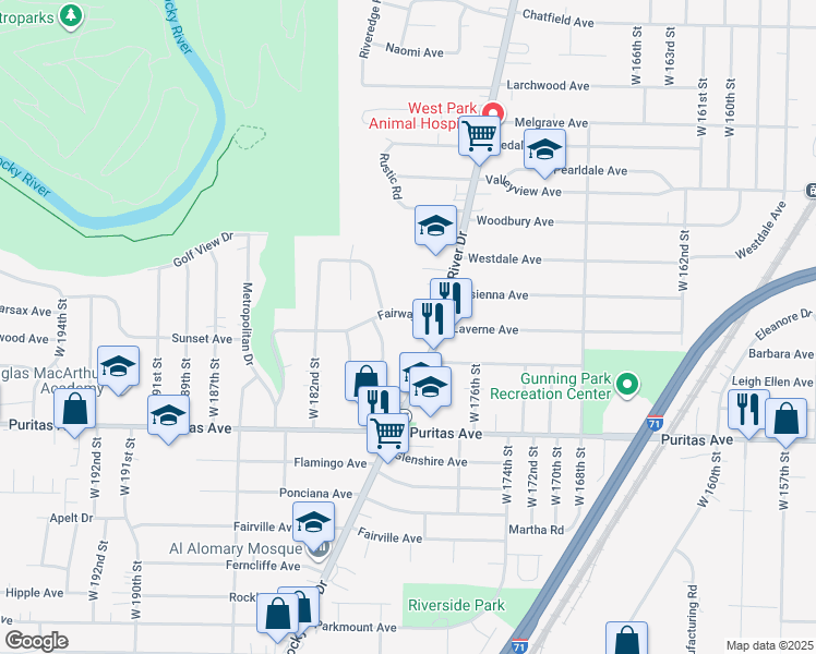 map of restaurants, bars, coffee shops, grocery stores, and more near 17815 Fairway Drive in Cleveland