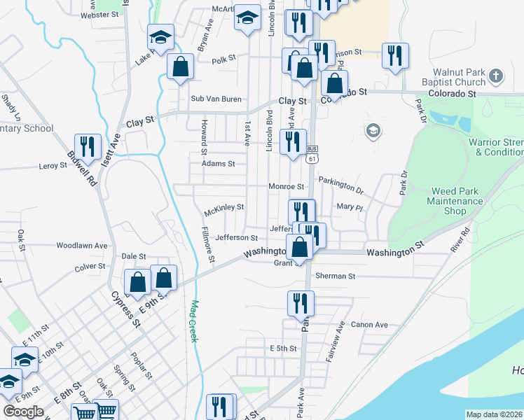 map of restaurants, bars, coffee shops, grocery stores, and more near 1108 Lincoln Boulevard in Muscatine