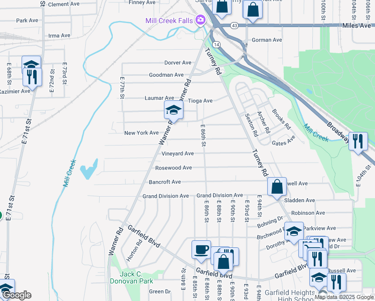 map of restaurants, bars, coffee shops, grocery stores, and more near 8409 Vineyard Avenue in Cleveland