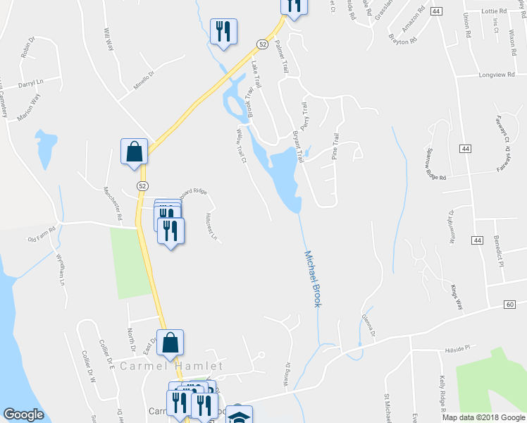map of restaurants, bars, coffee shops, grocery stores, and more near 71 Willow Trail Court in Carmel