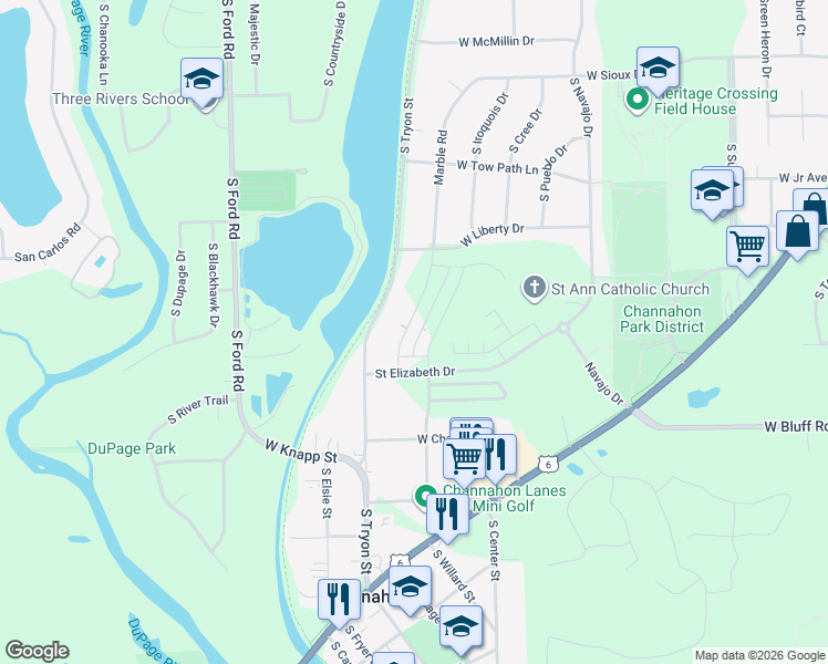 map of restaurants, bars, coffee shops, grocery stores, and more near 24523 Saint Peters Drive in Channahon