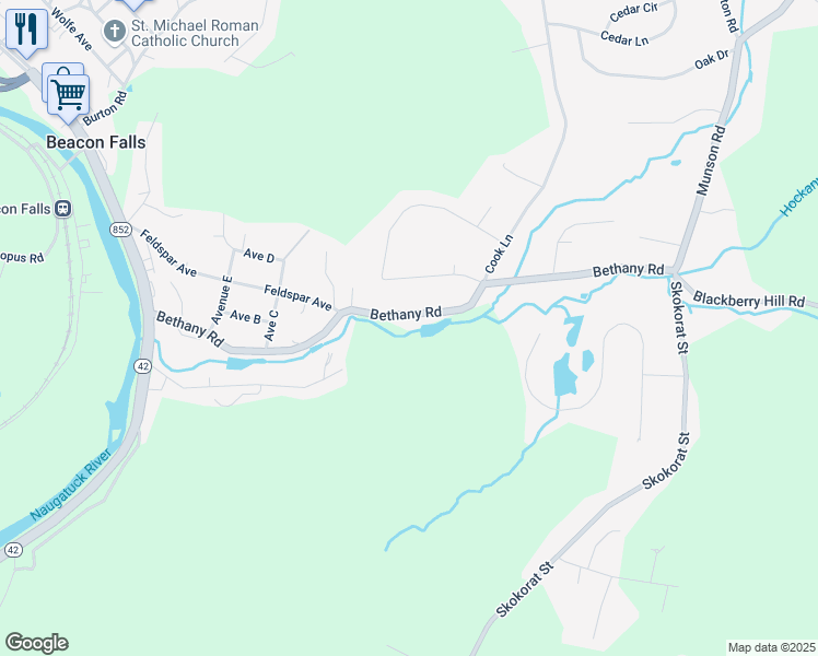 map of restaurants, bars, coffee shops, grocery stores, and more near 222 Bethany Road in Beacon Falls