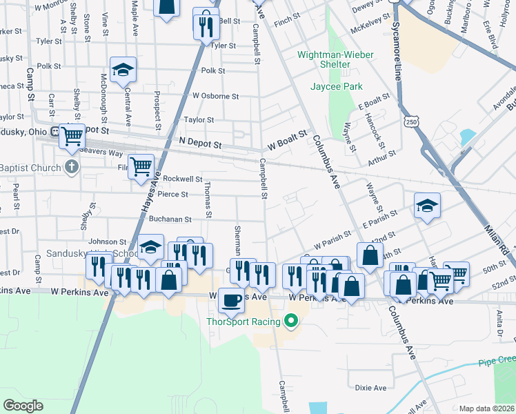 map of restaurants, bars, coffee shops, grocery stores, and more near 1926 Campbell Street in Sandusky