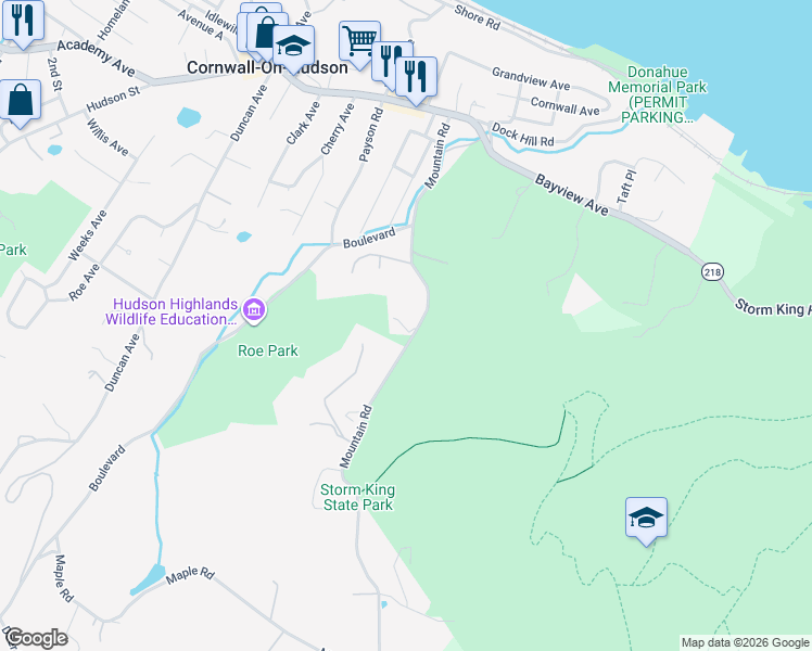 map of restaurants, bars, coffee shops, grocery stores, and more near 2 Rugh Place in Cornwall-on-Hudson