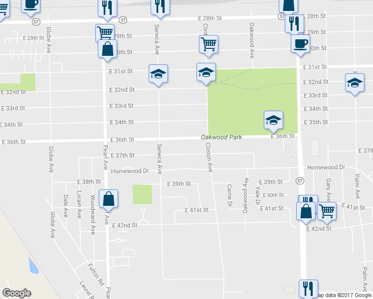 map of restaurants, bars, coffee shops, grocery stores, and more near 1953 East 37th Street in Lorain