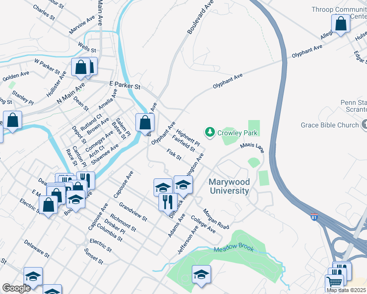 map of restaurants, bars, coffee shops, grocery stores, and more near 1014 Fairfield St in Scranton