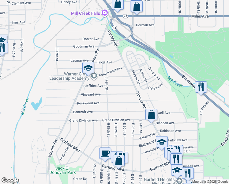 map of restaurants, bars, coffee shops, grocery stores, and more near 8713 Vineyard Avenue in Cleveland