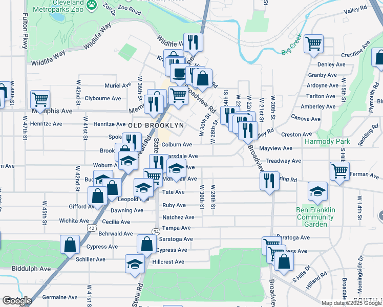 map of restaurants, bars, coffee shops, grocery stores, and more near 3009 Colburn Avenue in Cleveland