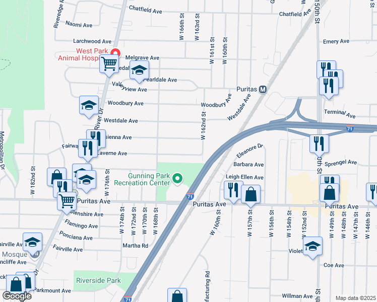 map of restaurants, bars, coffee shops, grocery stores, and more near 16501 Elsienna Avenue in Cleveland