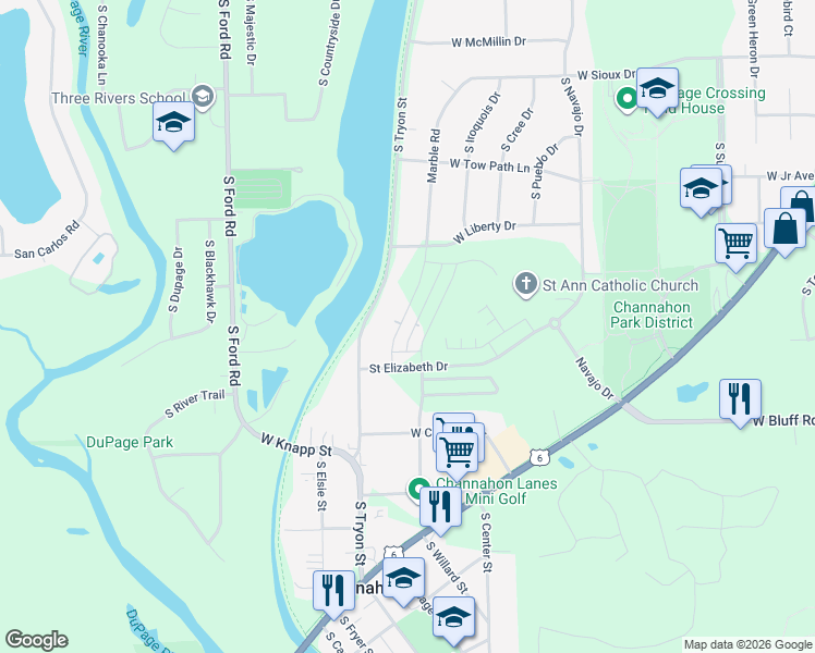 map of restaurants, bars, coffee shops, grocery stores, and more near 24523 Saint Peters Drive in Channahon