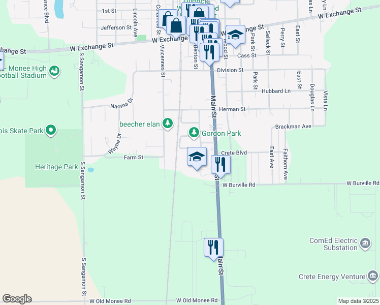 map of restaurants, bars, coffee shops, grocery stores, and more near 533 Craig Avenue in Crete
