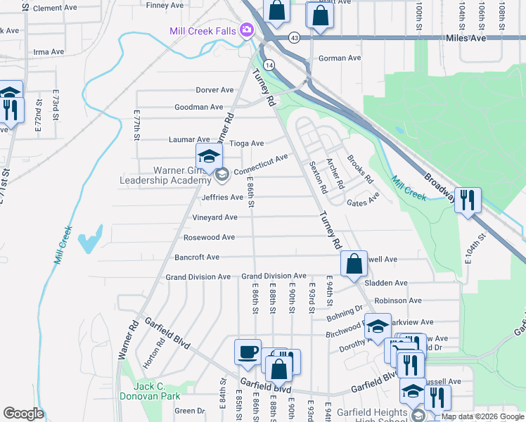 map of restaurants, bars, coffee shops, grocery stores, and more near 8800 Jeffries Avenue in Cleveland