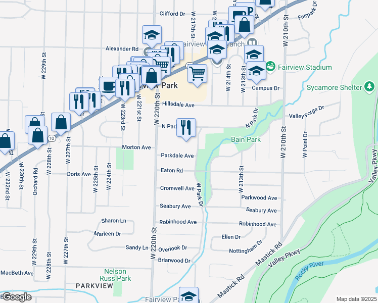 map of restaurants, bars, coffee shops, grocery stores, and more near 21762 Parkdale Avenue in Fairview Park