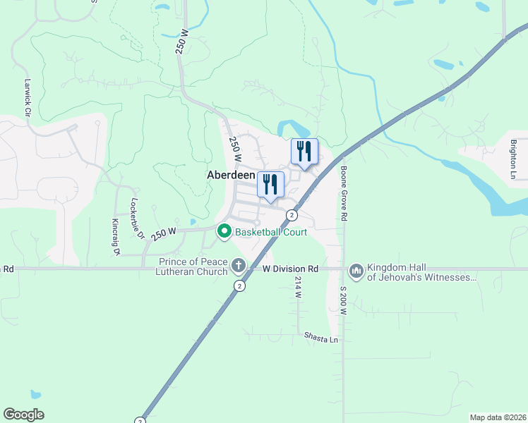 map of restaurants, bars, coffee shops, grocery stores, and more near 223 Ballantrae Street in Valparaiso