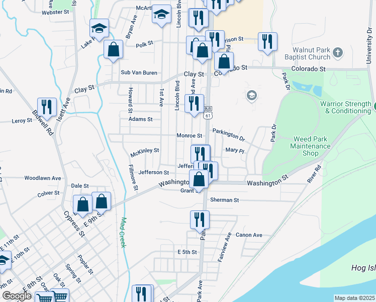 map of restaurants, bars, coffee shops, grocery stores, and more near 113 Madison Street in Muscatine