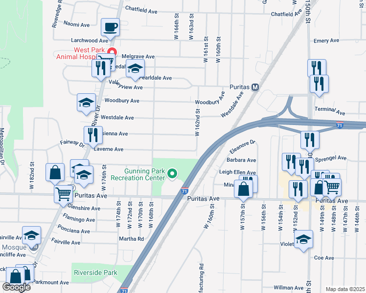 map of restaurants, bars, coffee shops, grocery stores, and more near 16501 Elsienna Avenue in Cleveland