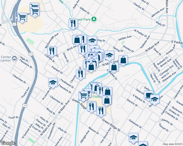 map of restaurants, bars, coffee shops, grocery stores, and more near 1815 North Main Avenue in Scranton