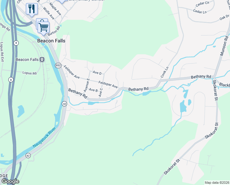 map of restaurants, bars, coffee shops, grocery stores, and more near 171 Bethany Road in Beacon Falls