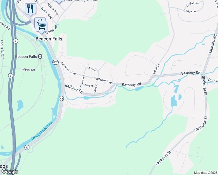 map of restaurants, bars, coffee shops, grocery stores, and more near 159 Bethany Road in Beacon Falls