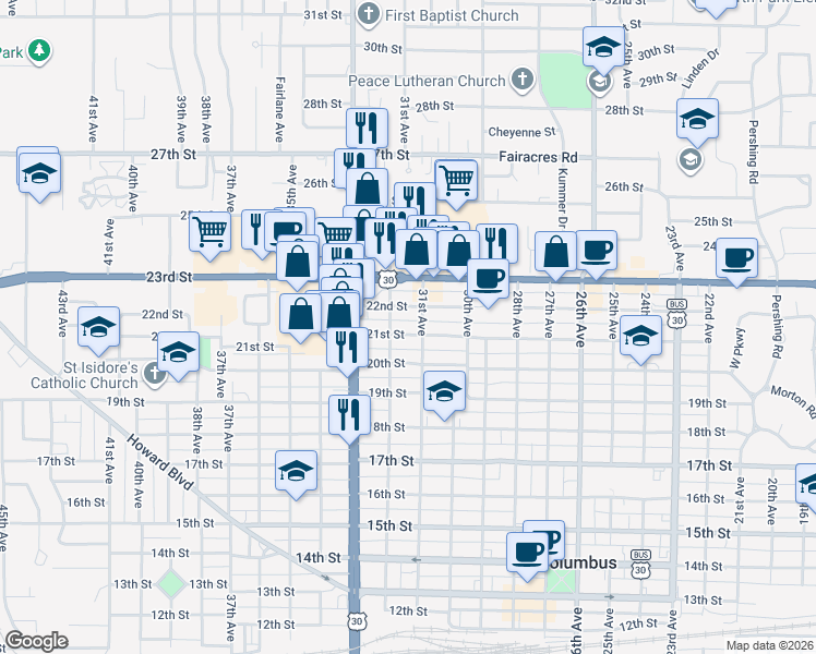 map of restaurants, bars, coffee shops, grocery stores, and more near 2153-2199 32nd Avenue in Columbus