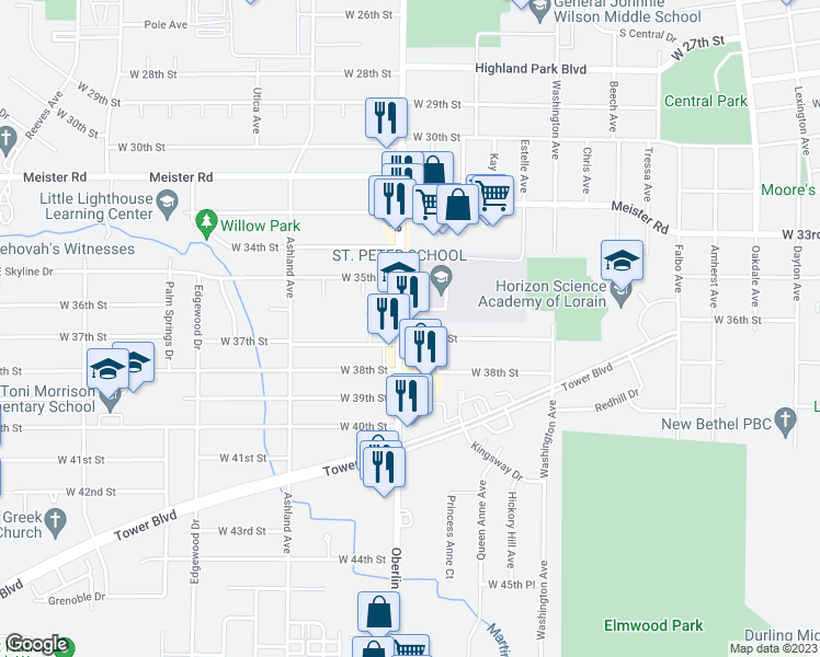 map of restaurants, bars, coffee shops, grocery stores, and more near 3670 Oberlin Avenue in Lorain