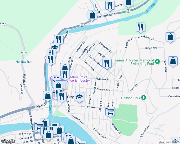 map of restaurants, bars, coffee shops, grocery stores, and more near 202 Plummer Street in Oil City