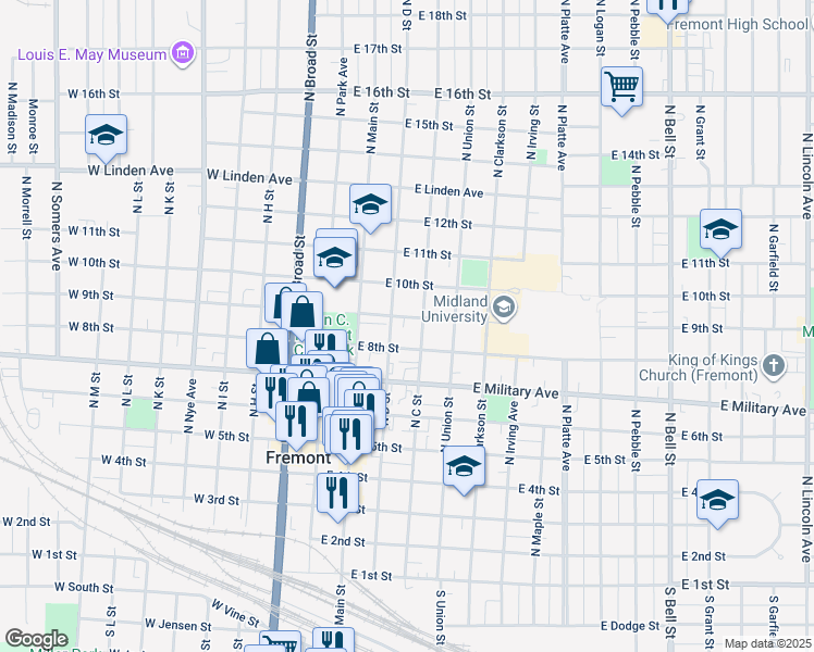 map of restaurants, bars, coffee shops, grocery stores, and more near 849 North C Street in Fremont