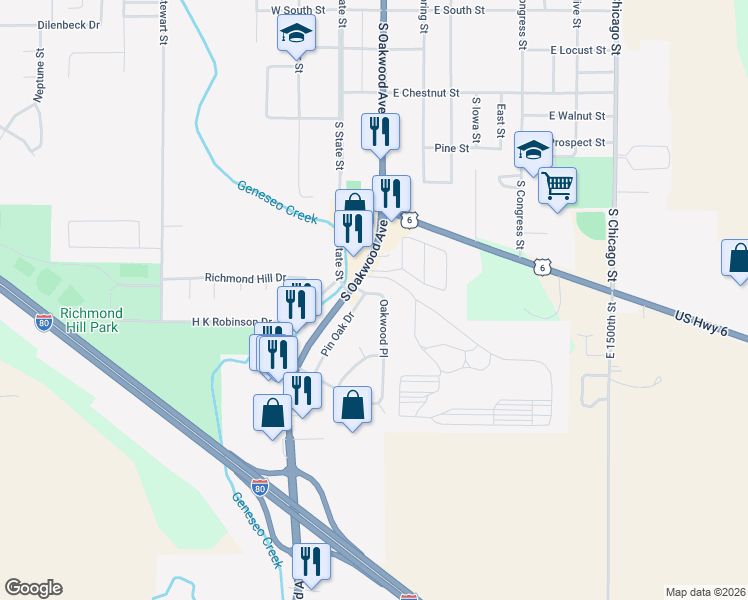 map of restaurants, bars, coffee shops, grocery stores, and more near 165 Oakwood Place in Geneseo