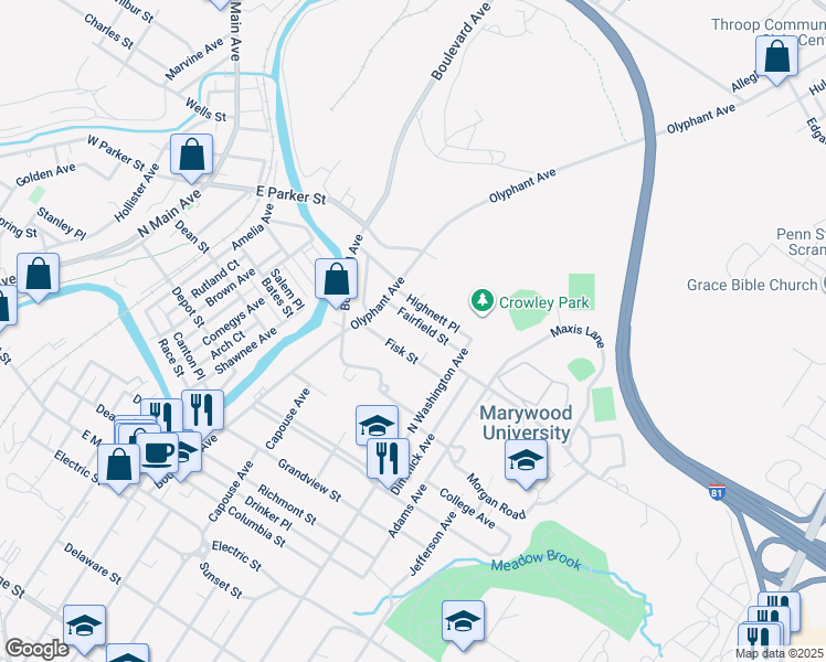 map of restaurants, bars, coffee shops, grocery stores, and more near 1014 Fairfield St in Scranton