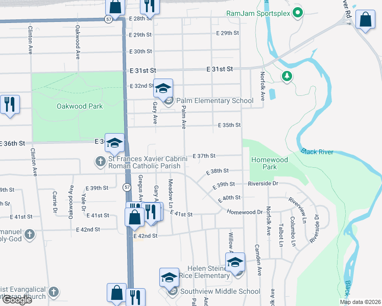 map of restaurants, bars, coffee shops, grocery stores, and more near 2417 East 37th Street in Lorain