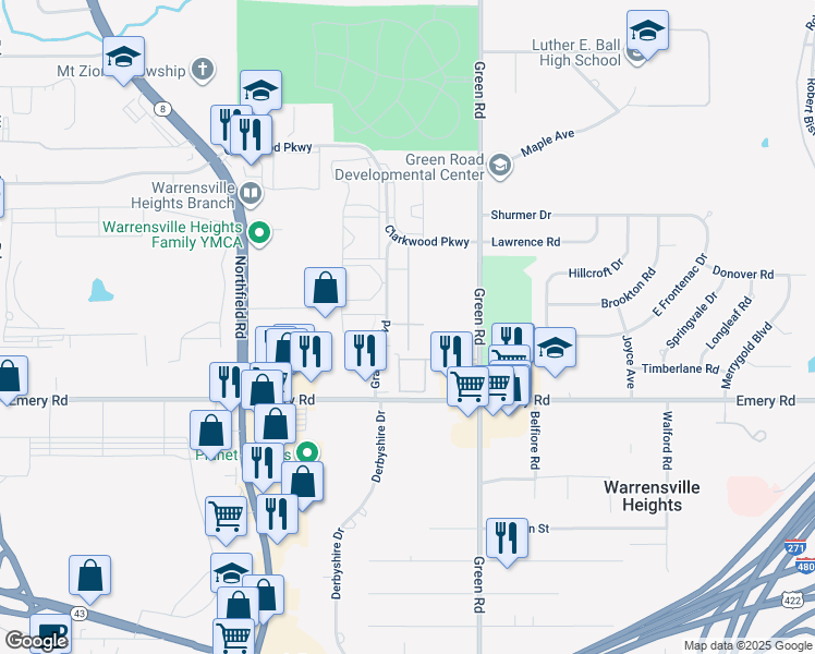 map of restaurants, bars, coffee shops, grocery stores, and more near 4490 Granada Boulevard in Warrensville Heights