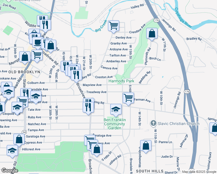 map of restaurants, bars, coffee shops, grocery stores, and more near 1823 Mayview Avenue in Cleveland