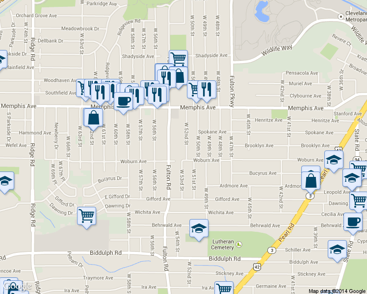 map of restaurants, bars, coffee shops, grocery stores, and more near 4369 West 52nd Street in Cleveland